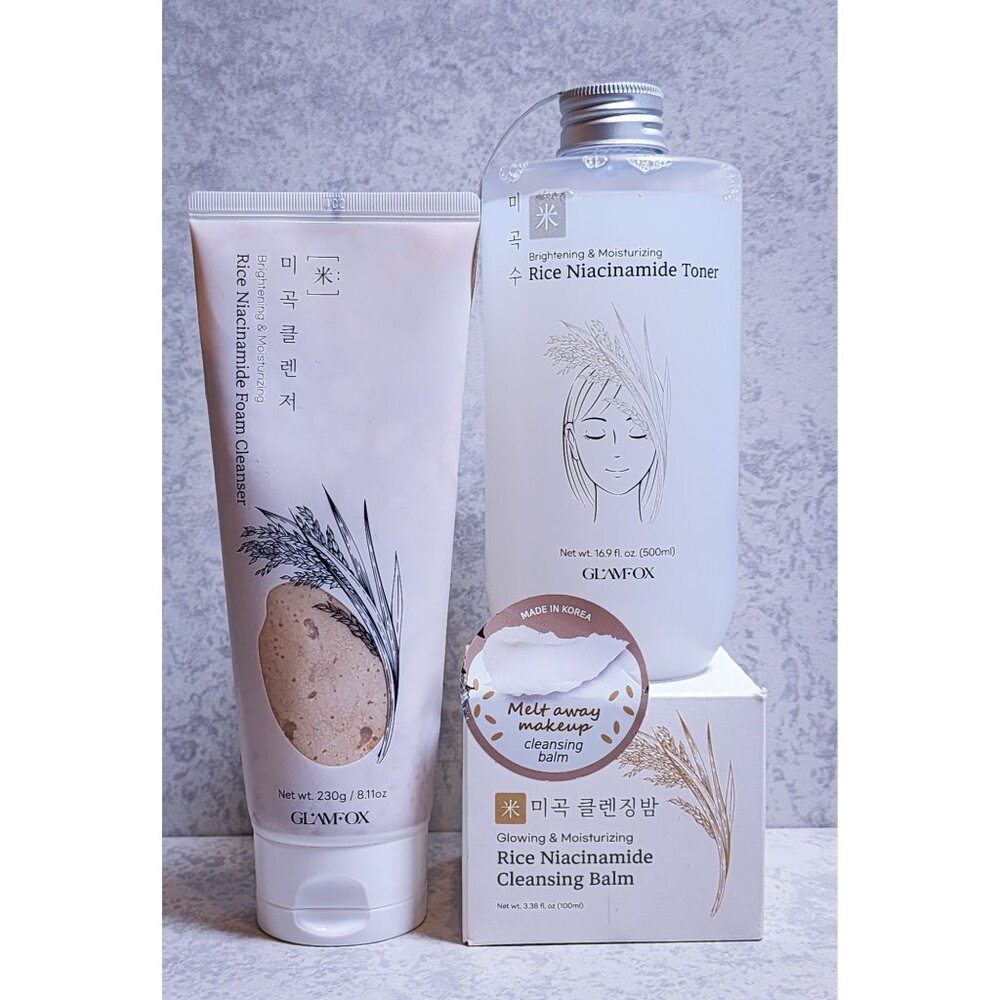 Glamfox Rice Niacinamide Skincare Set - Toner 500ml Foam Cleanser 230g & Cleansi